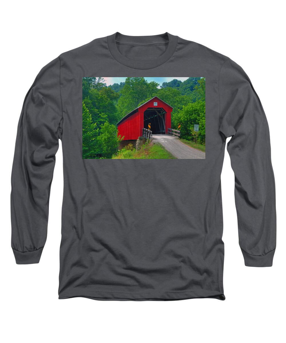 Ohio Long Sleeve T-Shirt featuring the photograph Hune Covered bridge by Jack R Perry