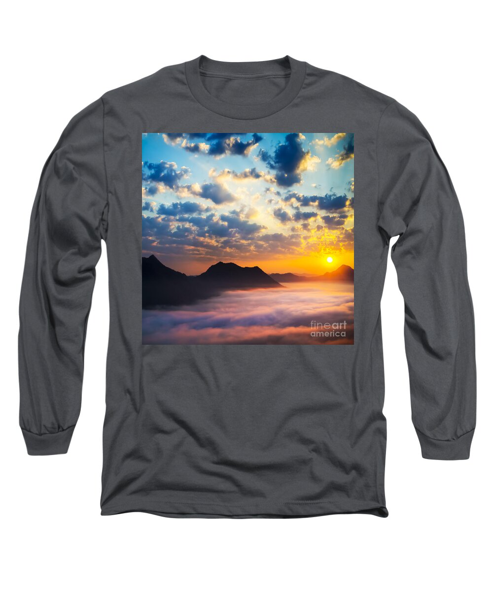 Thailand Long Sleeve T-Shirt featuring the photograph Sea of clouds on sunrise with ray lighting #1 by Setsiri Silapasuwanchai