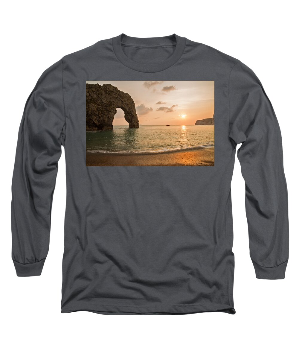 Durdle Long Sleeve T-Shirt featuring the photograph Sunset at Durdle Door #1 by Ian Middleton