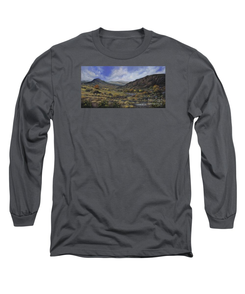 Southwest-landscape Long Sleeve T-Shirt featuring the painting Tres Piedras by Ricardo Chavez-Mendez