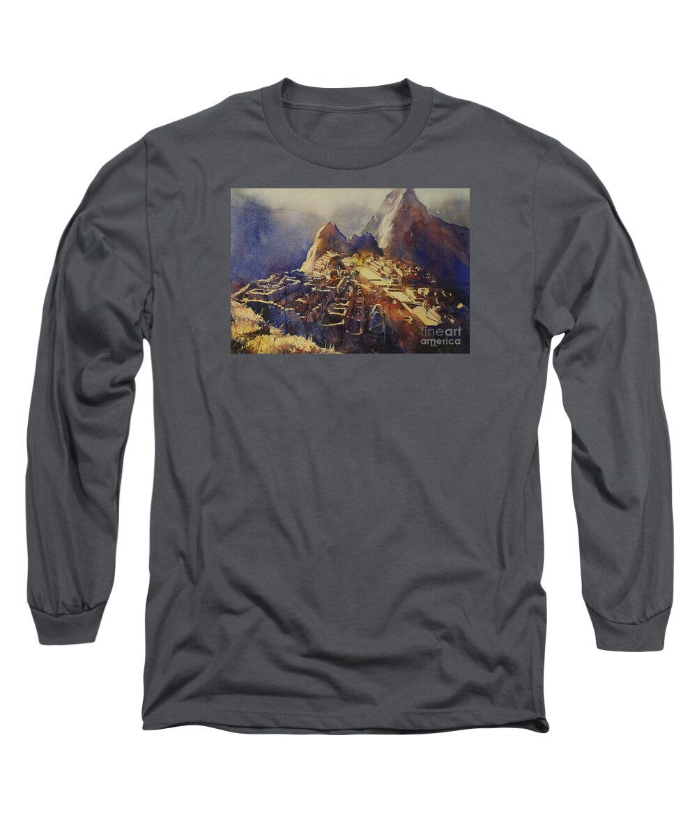 Machu Picchu Long Sleeve T-Shirt featuring the painting Watercolor painting Machu Picchu Peru #2 by Ryan Fox
