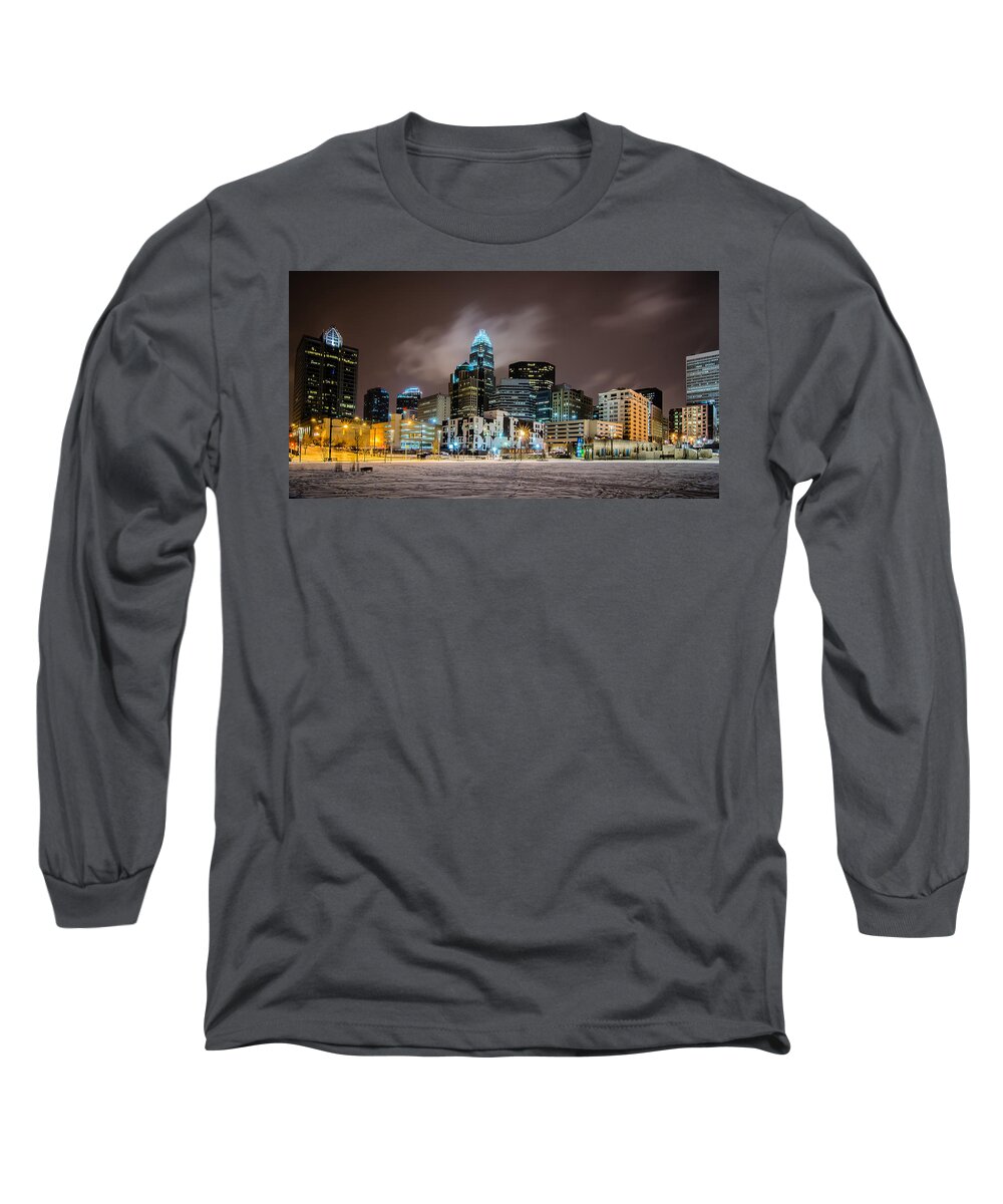 Charlotte Long Sleeve T-Shirt featuring the photograph Charlotte Queen City Skyline Near Romare Bearden Park In Winter Snow #6 by Alex Grichenko