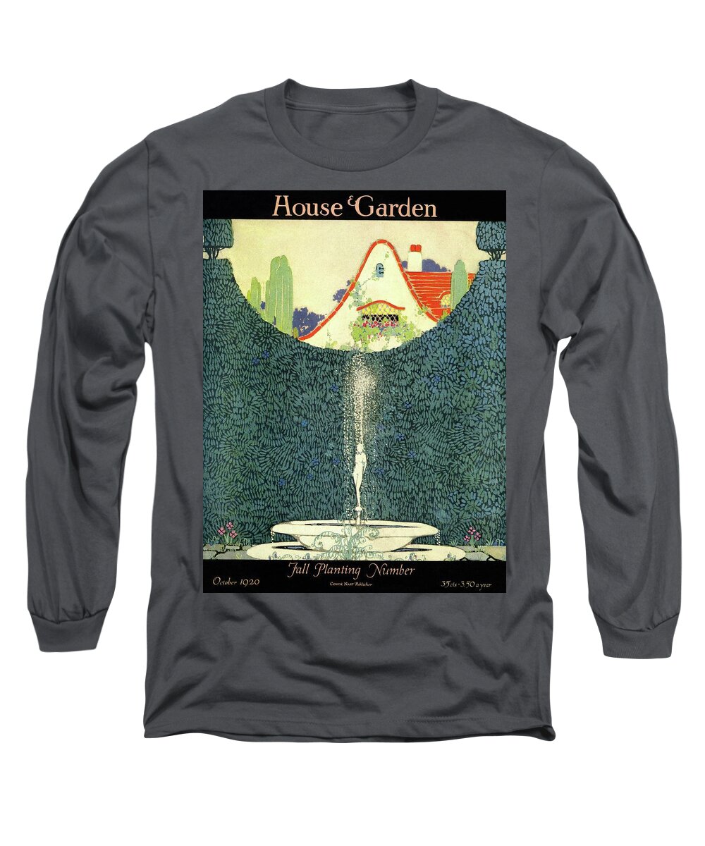 House And Garden Long Sleeve T-Shirt featuring the photograph A Fountain With A Hedge In The Background by H. George Brandt