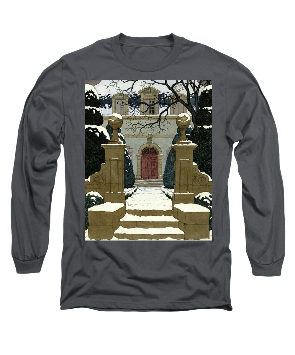 Exterior Long Sleeve T-Shirt featuring the digital art A Snow Covered Pathway Leading To A Mansion by Pierre Brissaud