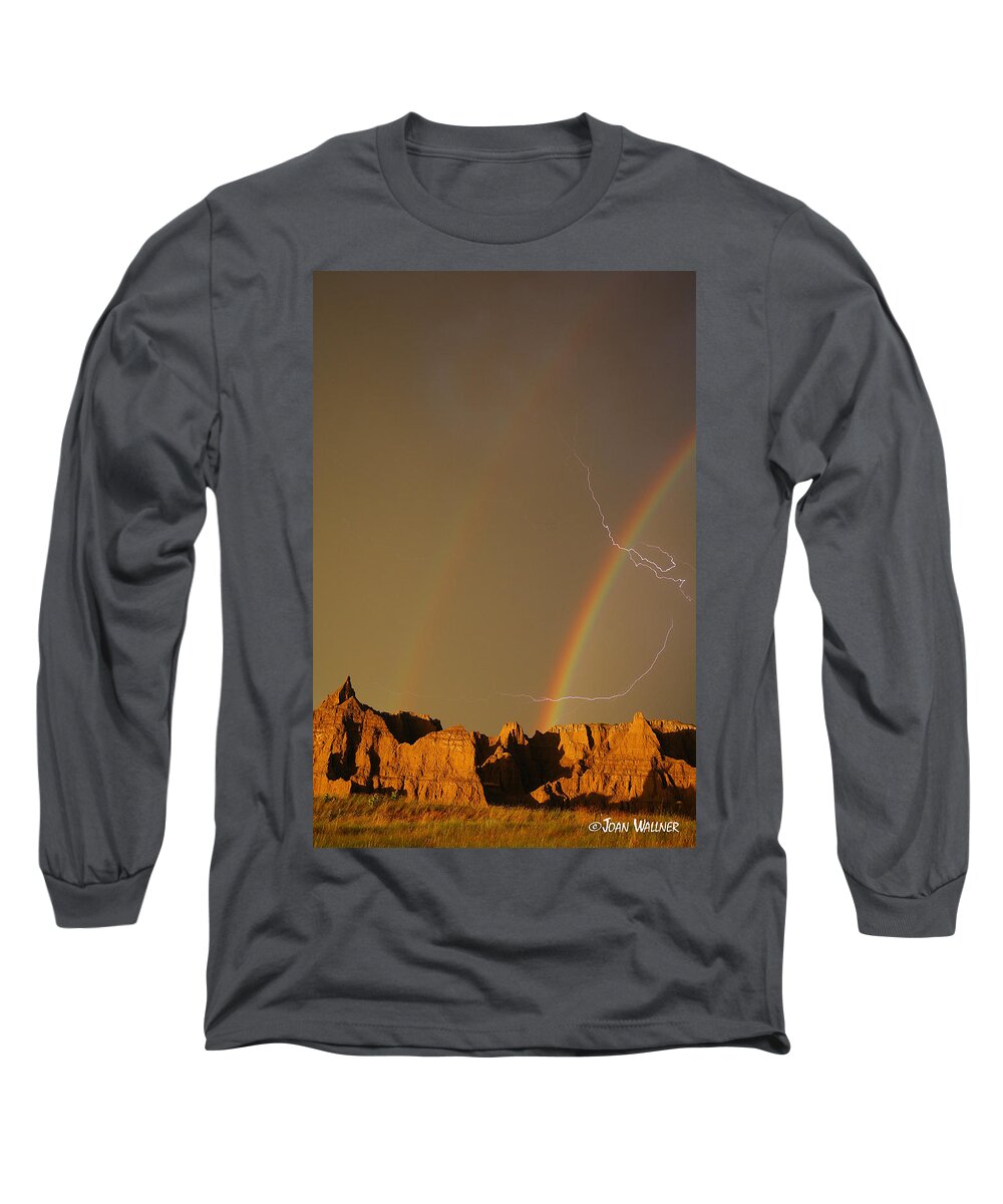 Badlands National Park Long Sleeve T-Shirt featuring the photograph After the Storm - Lightning and Double Rainbow by Joan Wallner