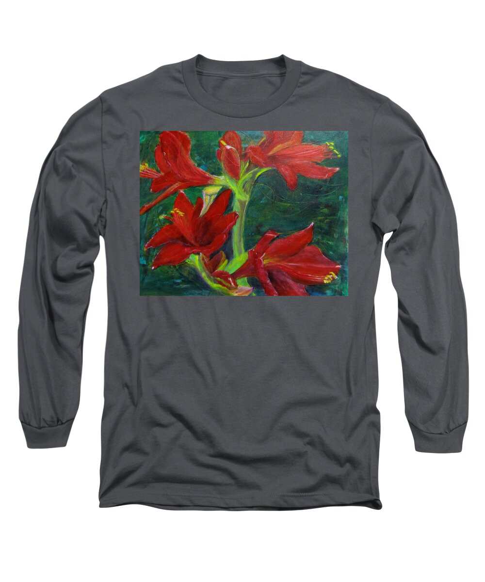 Flowers Long Sleeve T-Shirt featuring the painting Amaryllis by Linda Feinberg