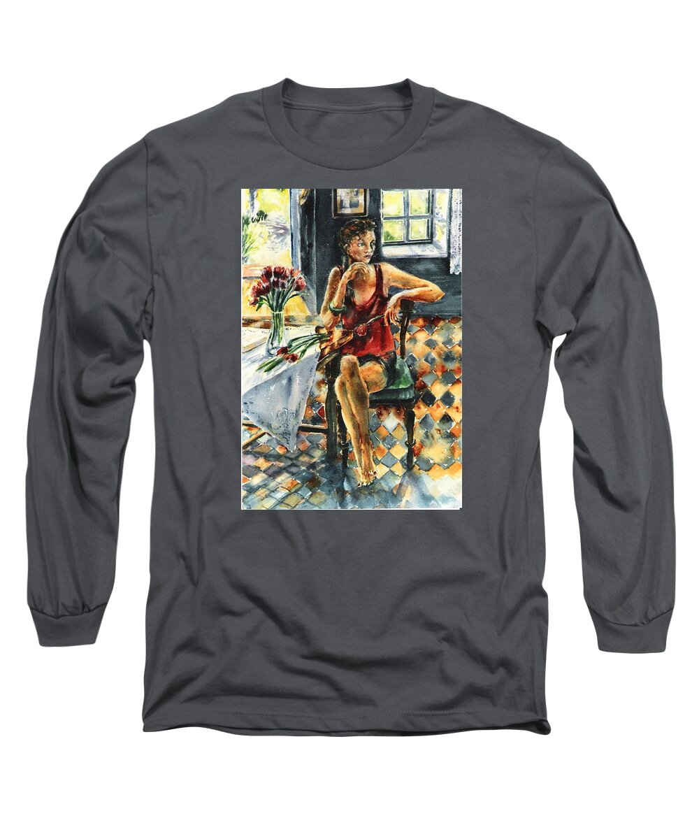 Spring Sunshine Long Sleeve T-Shirt featuring the painting Arranging Red Tulips  by Trudi Doyle