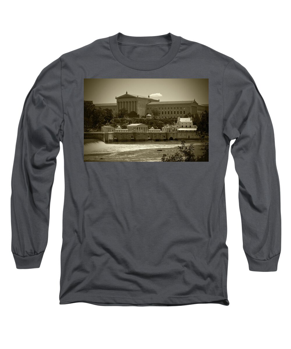 Philadelphia Long Sleeve T-Shirt featuring the photograph Art Museum and Fairmount Waterworks - BW by Lou Ford