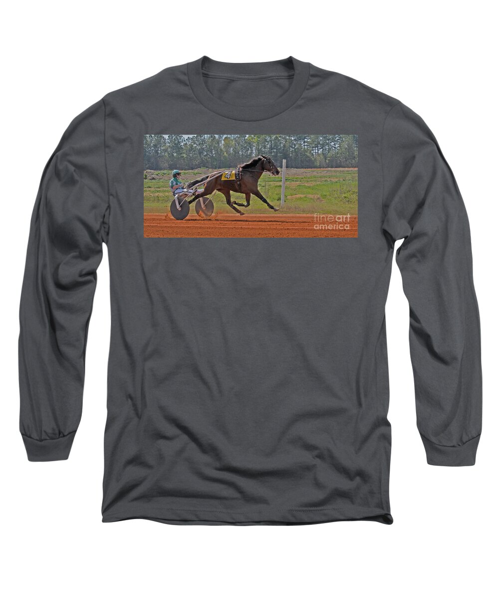 Harness Racing Long Sleeve T-Shirt featuring the photograph At The Three Quarter Mile Post by Donna Brown