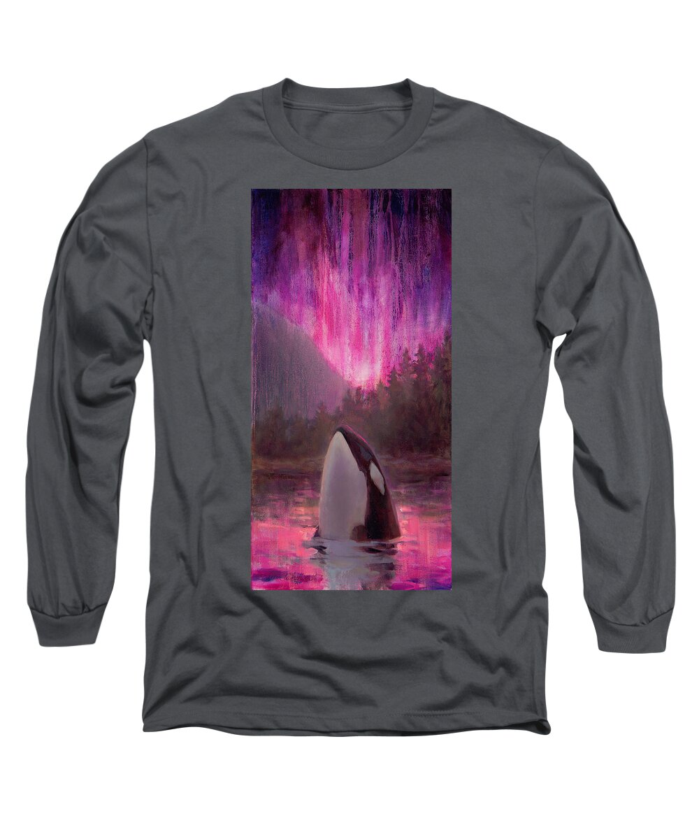 Coastal Decor Long Sleeve T-Shirt featuring the painting Orca Whale and Aurora Borealis - Killer Whale - Northern Lights - Seascape - Coastal Art by K Whitworth