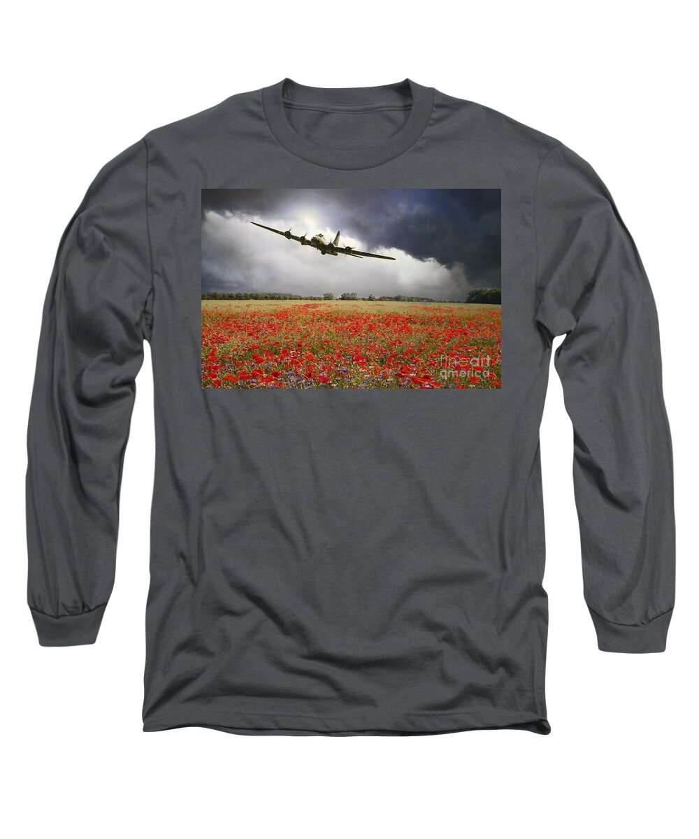 B-17 Flying Fortress Long Sleeve T-Shirt featuring the digital art B-17 Poppy Pride by Airpower Art