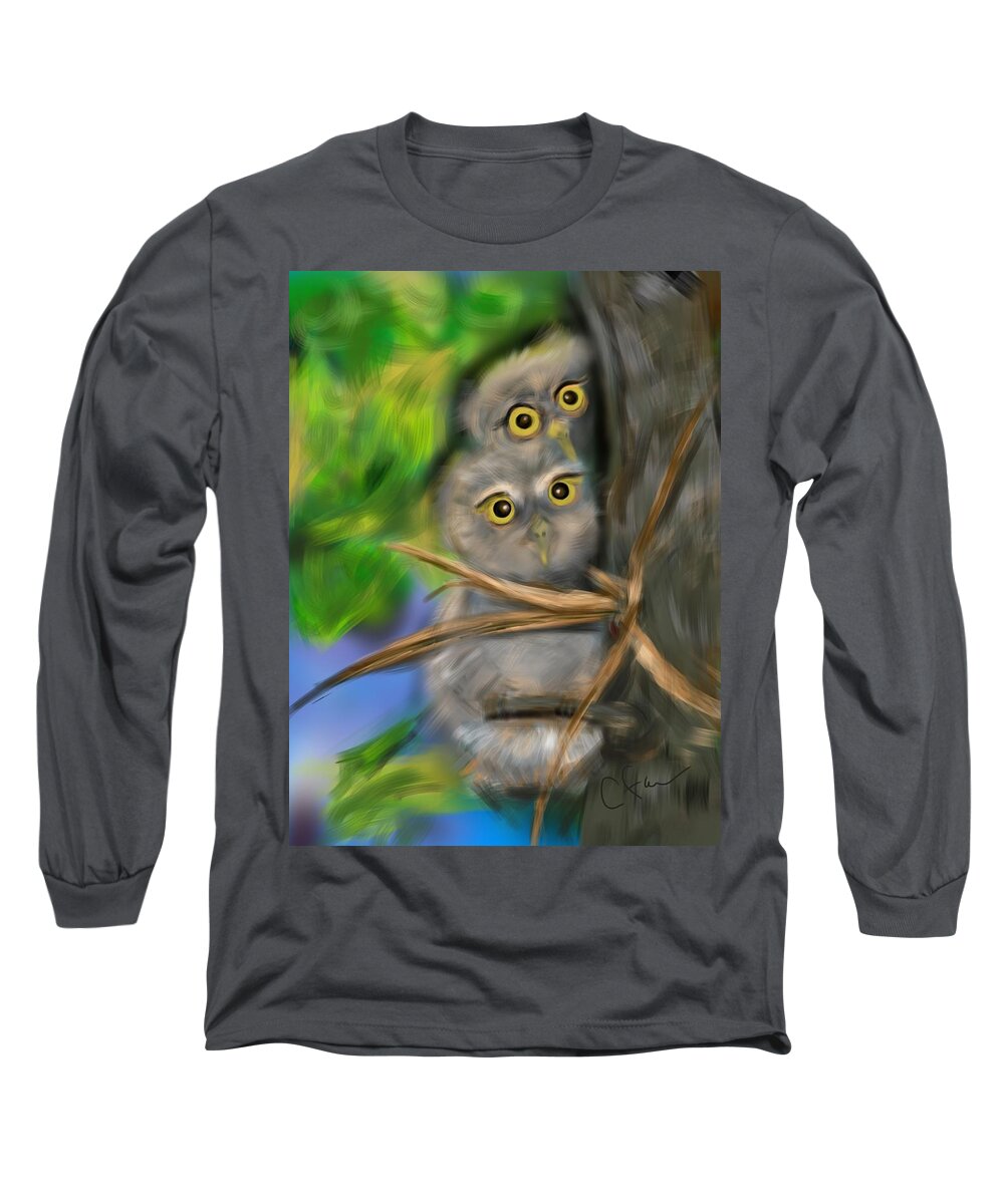 Animals Long Sleeve T-Shirt featuring the digital art Baby Owls by Christine Fournier