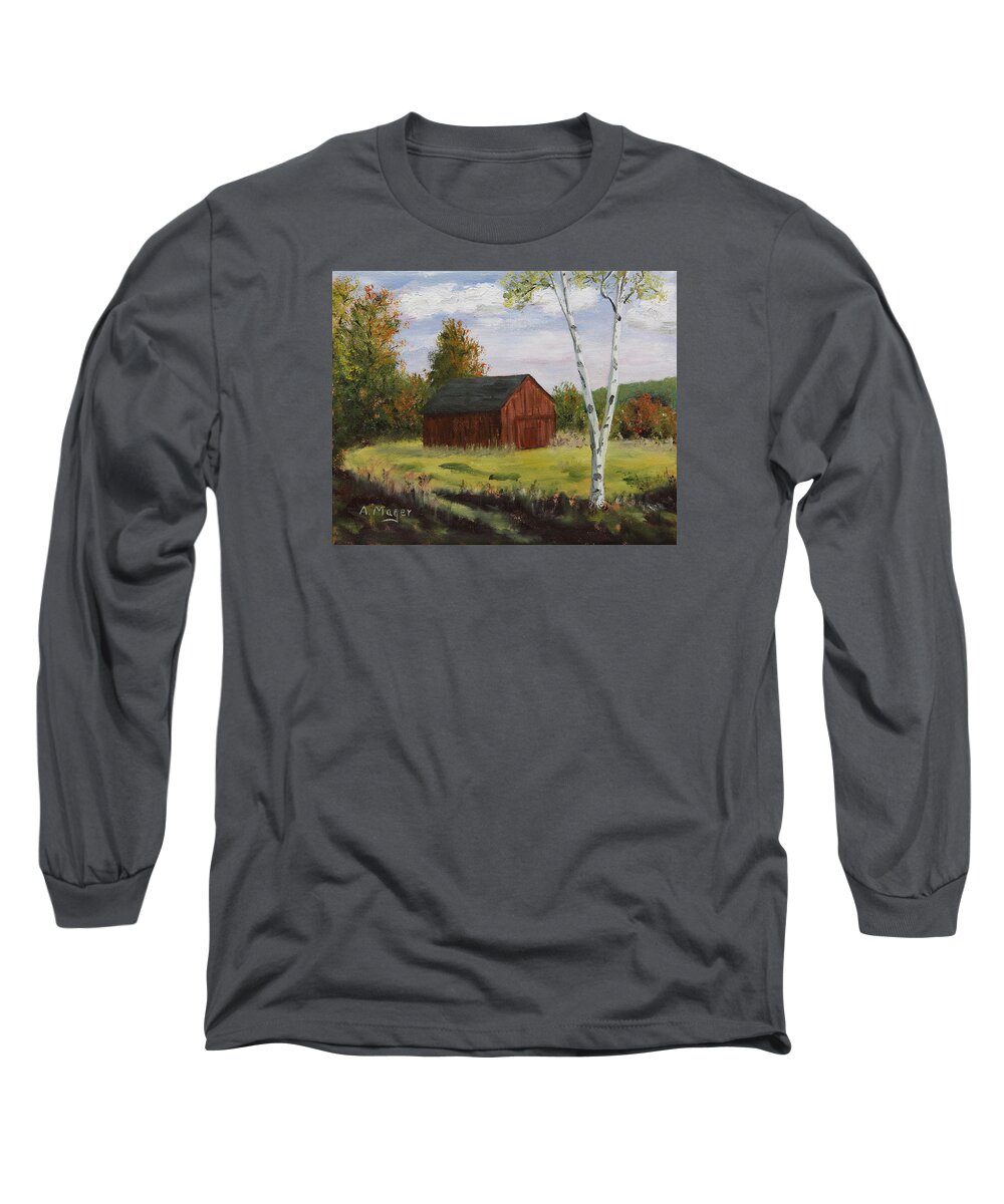 Painting Long Sleeve T-Shirt featuring the painting Barn with Lone Birch by Alan Mager