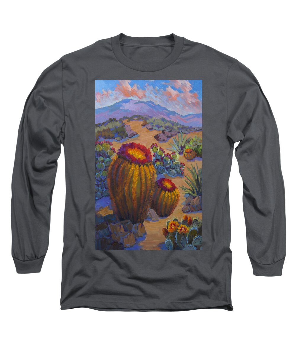 Cactus Long Sleeve T-Shirt featuring the painting Barrel Cactus in Warm Light by Diane McClary