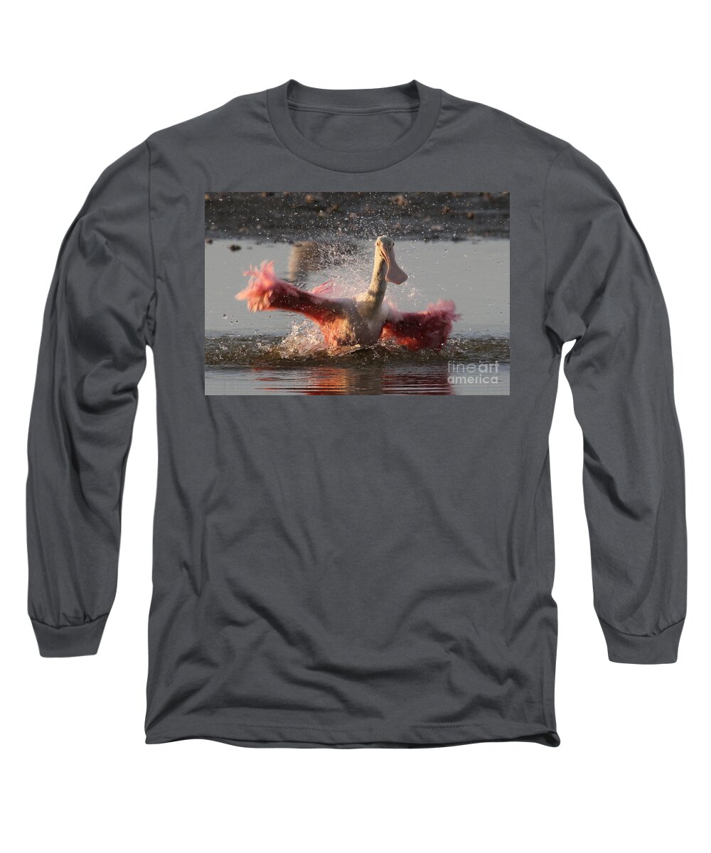 Fort Myers Beach Long Sleeve T-Shirt featuring the photograph Bath Time - Roseate Spoonbill by Meg Rousher