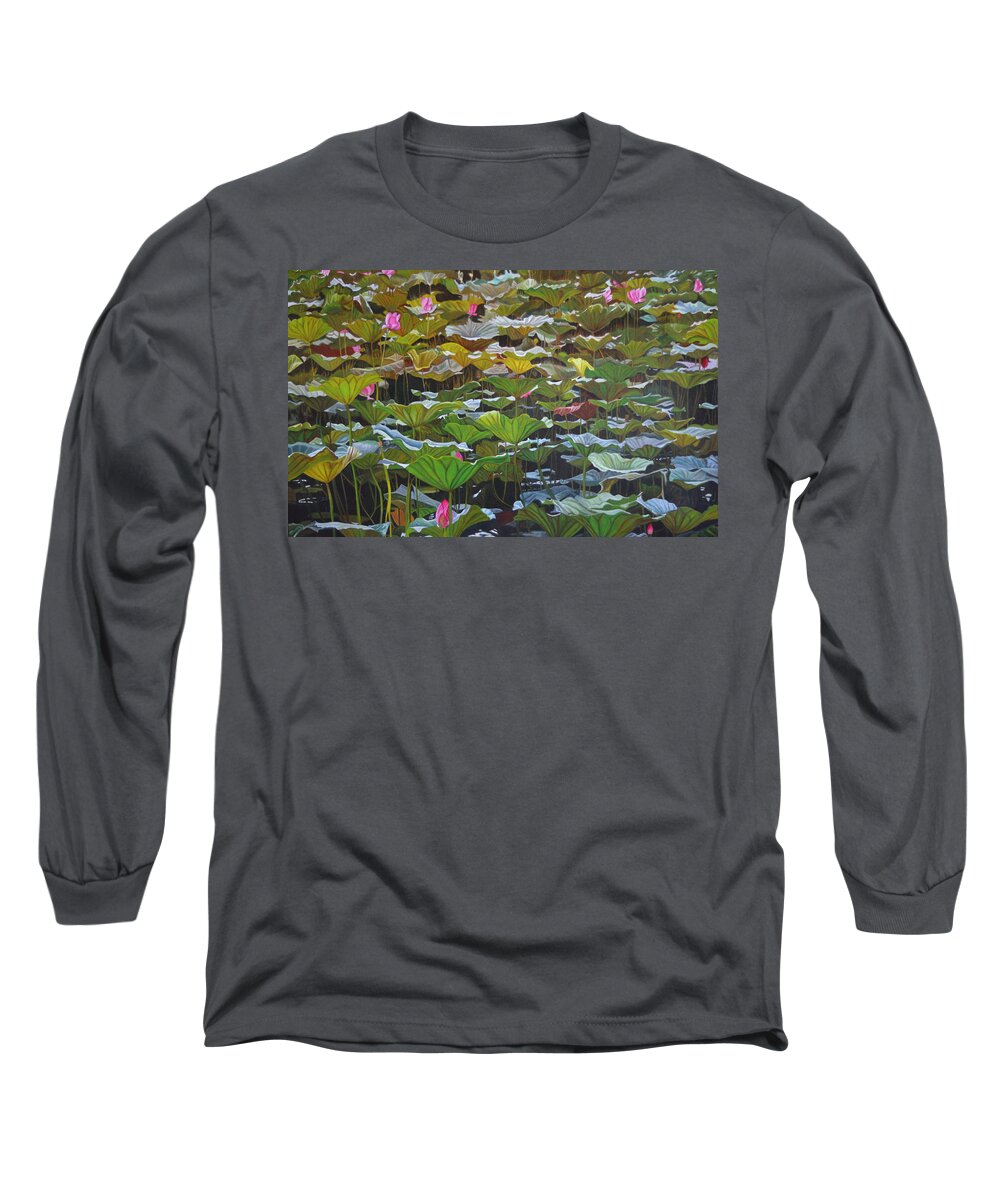 Waterlily Long Sleeve T-Shirt featuring the painting Beijing in August by Thu Nguyen