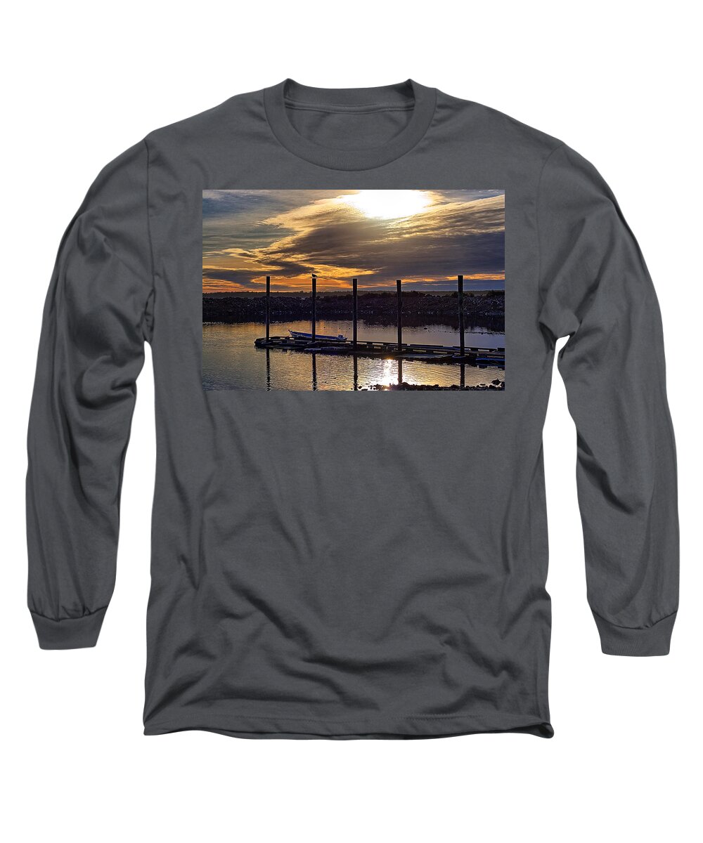 Sunset Long Sleeve T-Shirt featuring the photograph Bird - Boat - Bay by Chriss Pagani