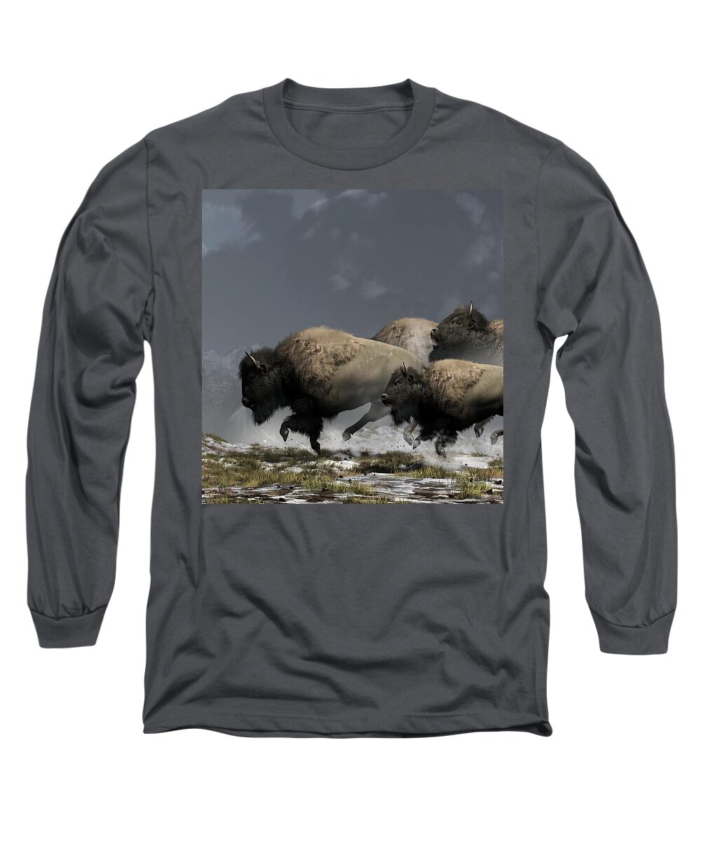 Bison Long Sleeve T-Shirt featuring the digital art Bison Stampede by Daniel Eskridge