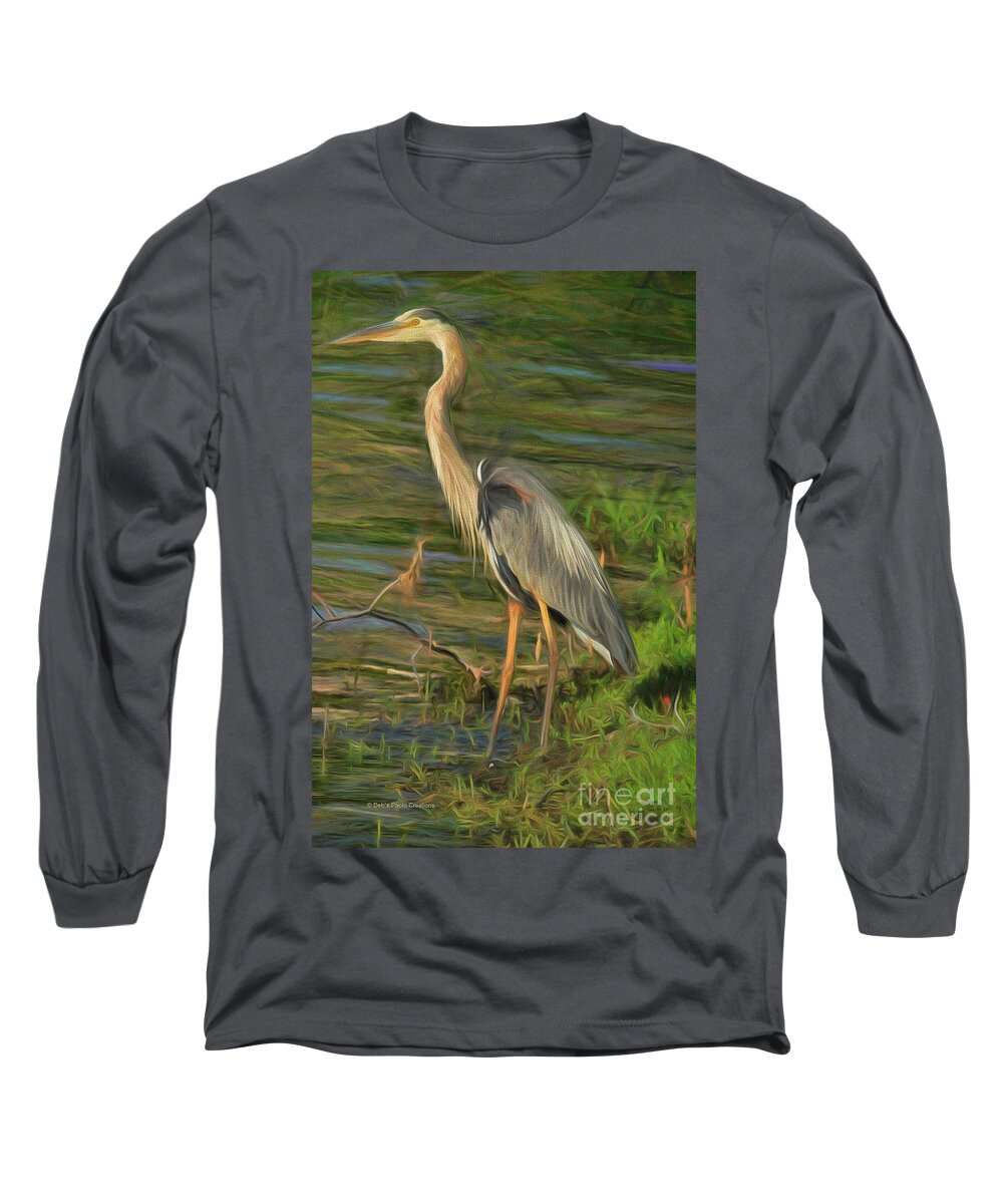 Heron Long Sleeve T-Shirt featuring the painting Blue Heron On The bank by Deborah Benoit