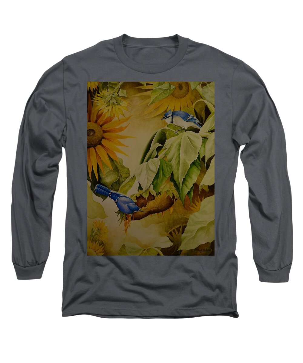 Watercolor Long Sleeve T-Shirt featuring the painting Blue Jays on Sunflower by Charles Owens