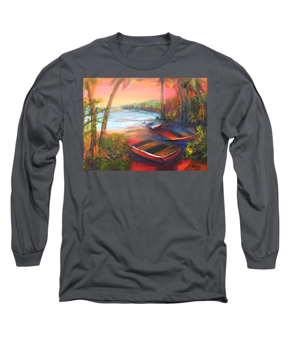 Beach Long Sleeve T-Shirt featuring the painting Boats by the Sea by Cynthia McLean