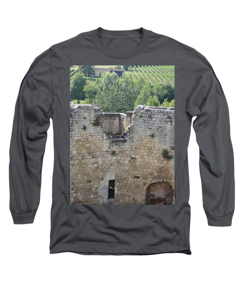 Vineyard Long Sleeve T-Shirt featuring the photograph Bordeaux castle ruins with vineyard by HEVi FineArt