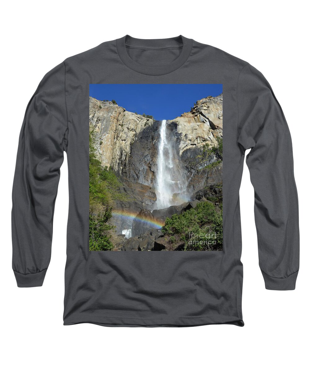Yosemite National Park Long Sleeve T-Shirt featuring the photograph Bridalveil Falls With Rainbow by Debra Thompson