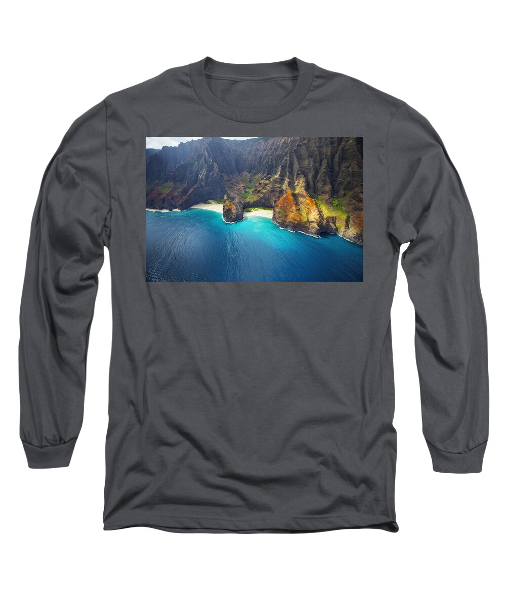 Aerial Long Sleeve T-Shirt featuring the photograph Bright Na Pali Coast by Kicka Witte