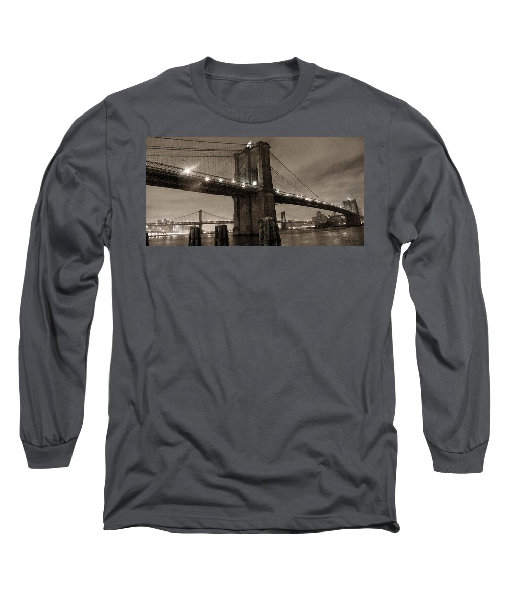 Brooklyn Bridge Long Sleeve T-Shirt featuring the photograph Brooklyn Bridge Sepia Photofresco by Joseph Hedaya