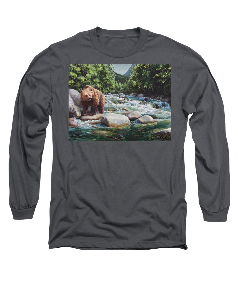 Bear Long Sleeve T-Shirt featuring the painting Brown Bear and Salmon on the River - Alaskan Wildlife Landscape by K Whitworth