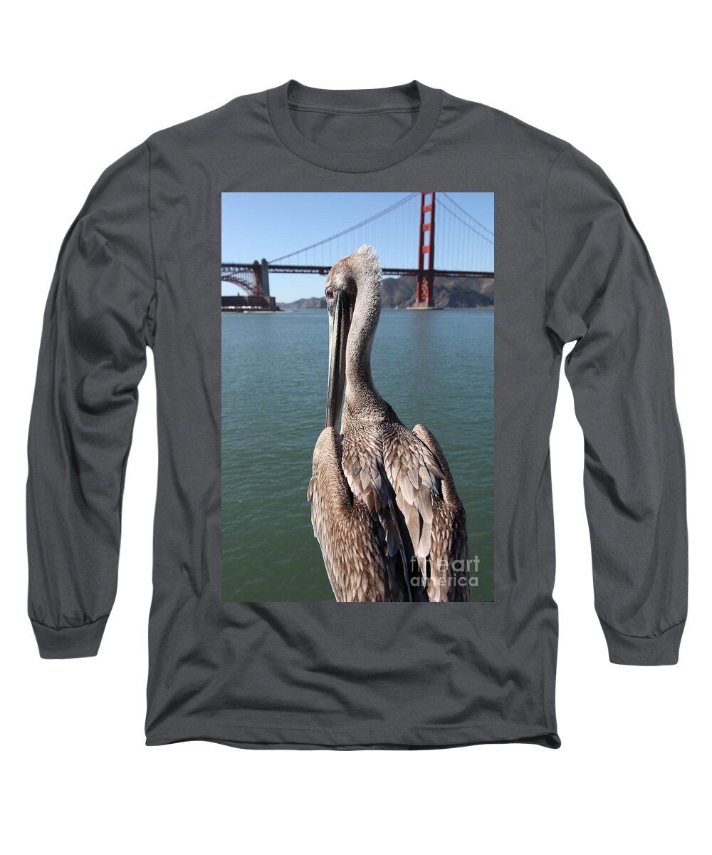 San Francisco Long Sleeve T-Shirt featuring the photograph Brown Pelican Overlooking The San Francisco Golden Gate Bridge 5D21700 by Wingsdomain Art and Photography