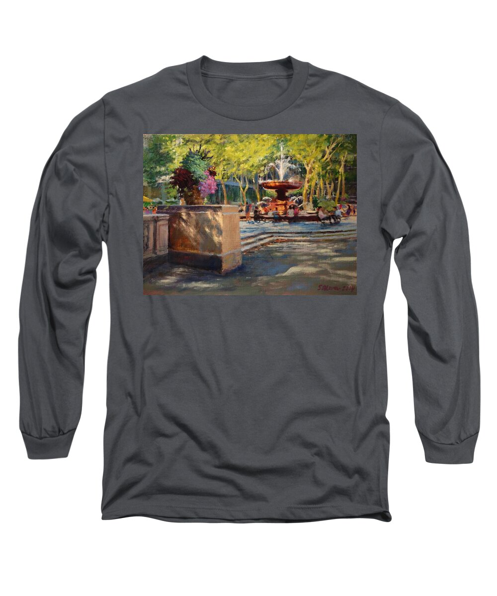 Landscape Long Sleeve T-Shirt featuring the painting Bryant Park - Afternoon at the Fountain Terrace by Peter Salwen