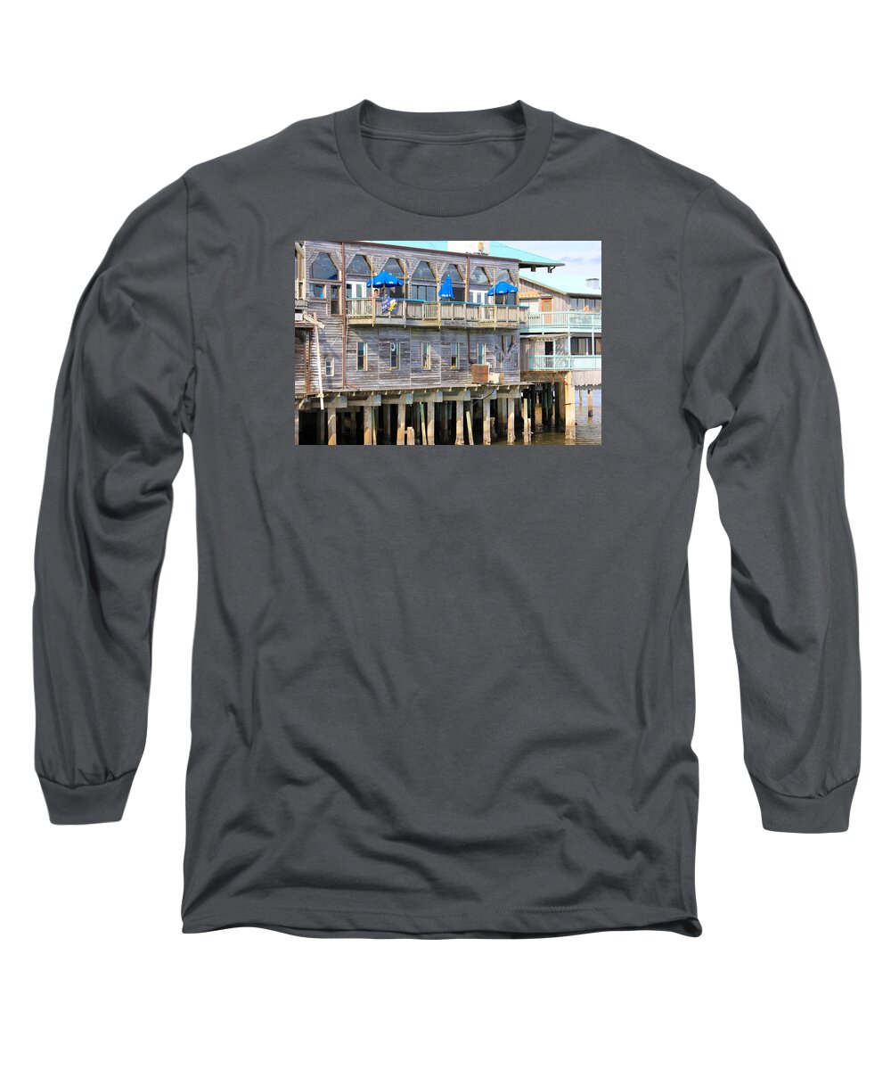 Restaurant Along The Sea Long Sleeve T-Shirt featuring the photograph Building on Piles Above Water by Lorna Maza