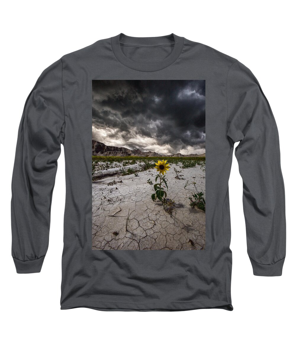 #badlands #badlands National Park #south Dakota #storm #storm Clouds #stormy #thunderstorm #wall #beauty #clouds #crack #cracked Ground #cracks #dangerous #earth #flower #ground #nature #rock Formations #rugged Terrain #severe #sky #weather #weed #yellow Long Sleeve T-Shirt featuring the photograph Calm Before The Storm by Aaron J Groen