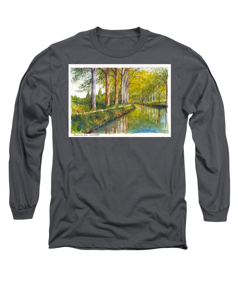 France Long Sleeve T-Shirt featuring the painting Canal du Midi at Toulouse France by Dai Wynn