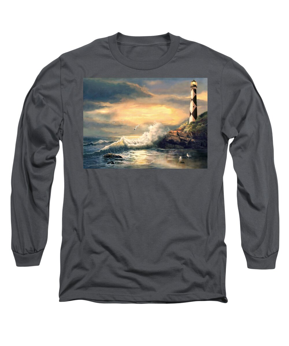  Coastal Long Sleeve T-Shirt featuring the painting Dwindling light Cape Lookout Lighthouse North Carolina at Sunset by Regina Femrite