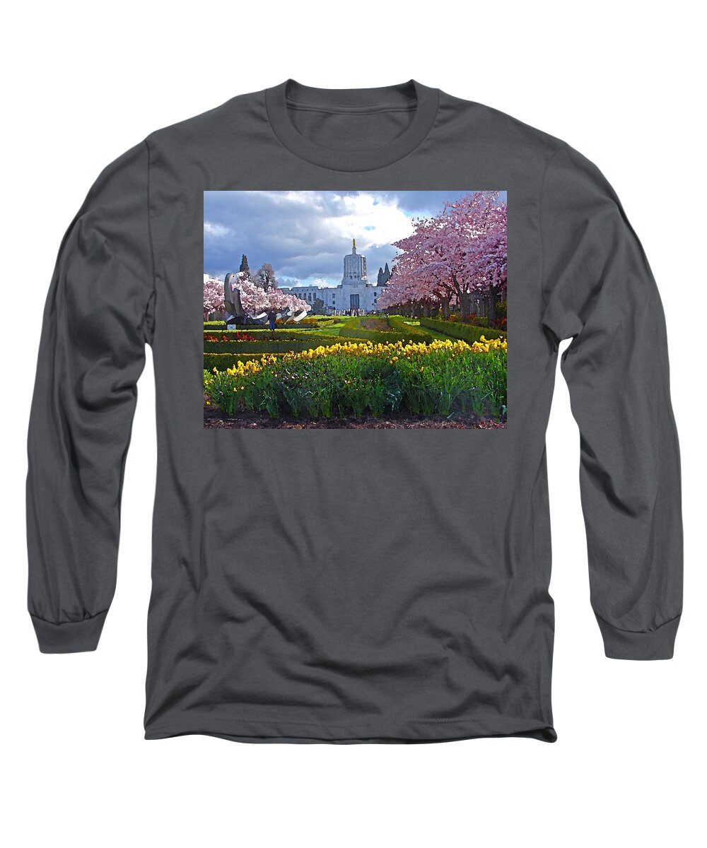 Cherry Trees Long Sleeve T-Shirt featuring the digital art Capitol Mall in Bloom by Gary Olsen-Hasek
