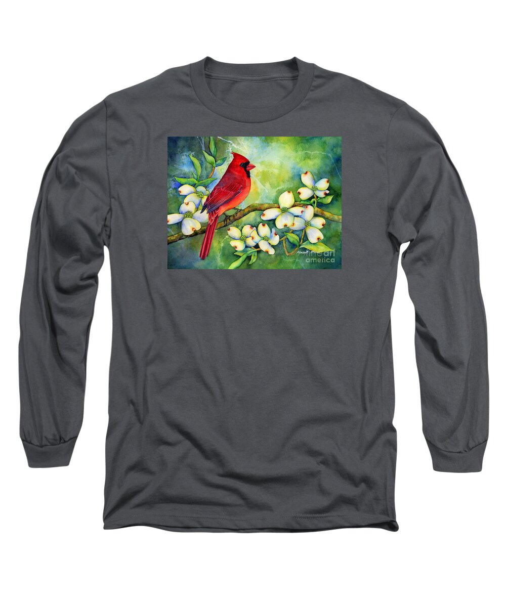 Cardinal Long Sleeve T-Shirt featuring the painting Cardinal on Dogwood by Hailey E Herrera