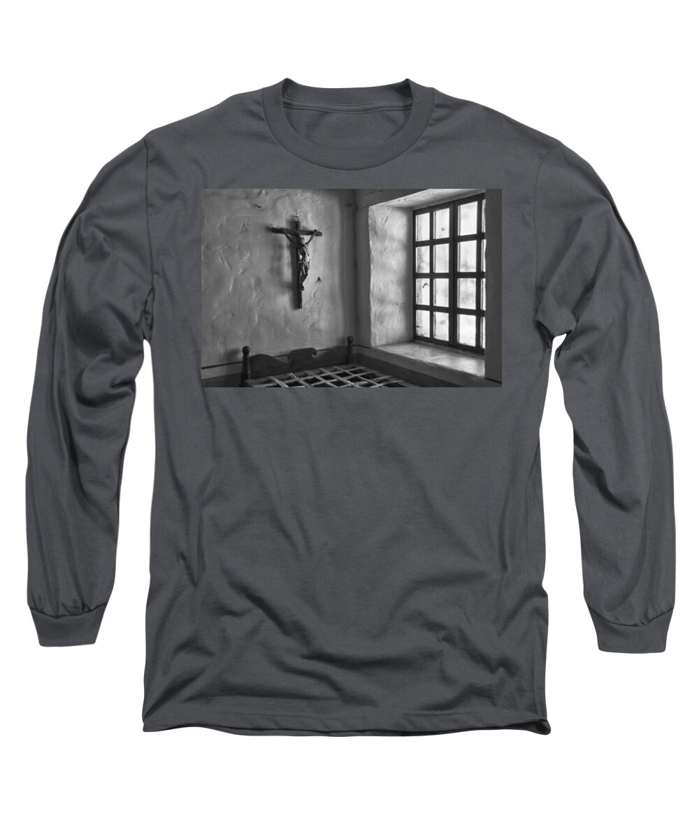 Carmel Long Sleeve T-Shirt featuring the photograph Carmel Mission 4 BW by Ron White