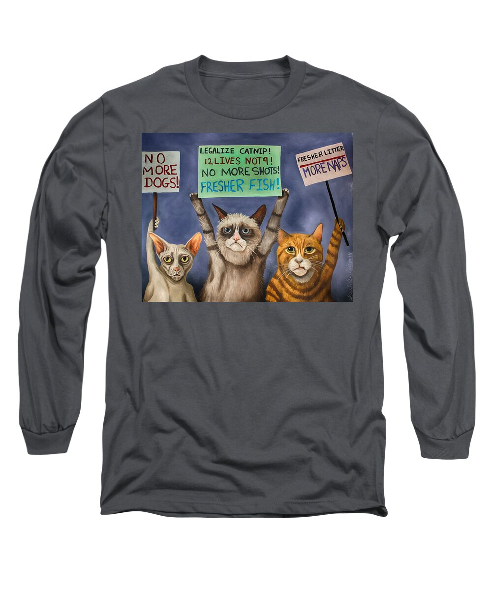 Cats Long Sleeve T-Shirt featuring the painting Cats On Strike edit 3 by Leah Saulnier The Painting Maniac