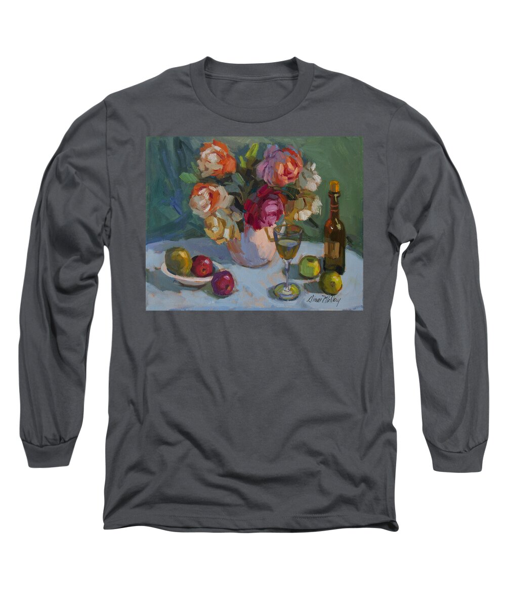 Roses Long Sleeve T-Shirt featuring the painting Chardonnay and Roses by Diane McClary