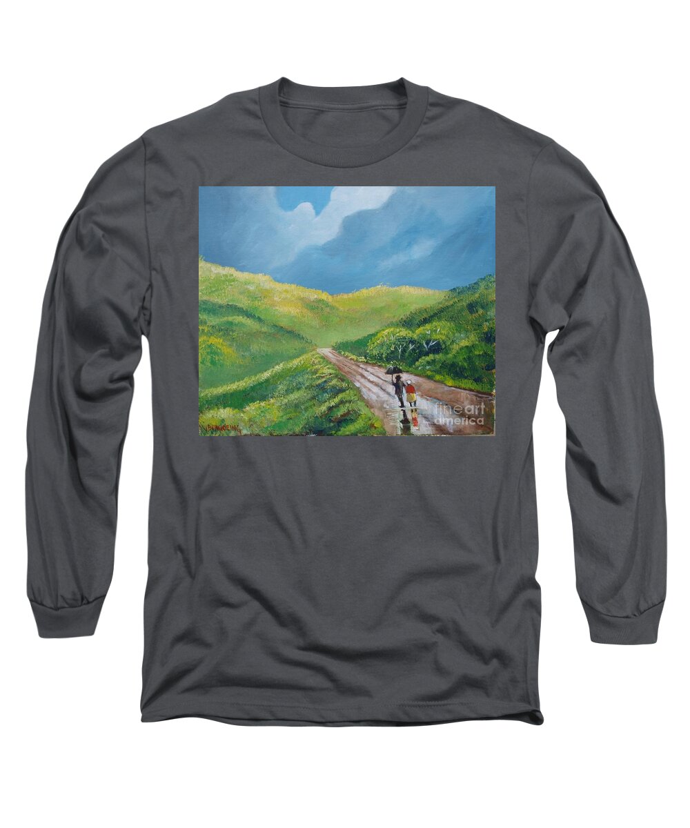 Road Long Sleeve T-Shirt featuring the painting Chemin sous une pluie tropicale by Jean Pierre Bergoeing