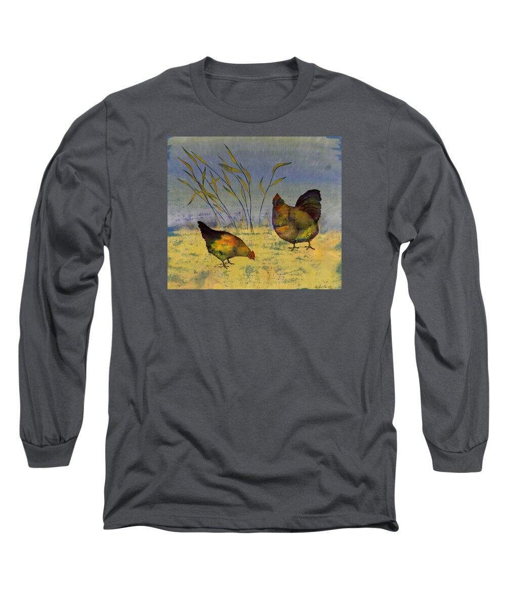 Chickens Long Sleeve T-Shirt featuring the tapestry - textile Chickens On Silk by Carolyn Doe