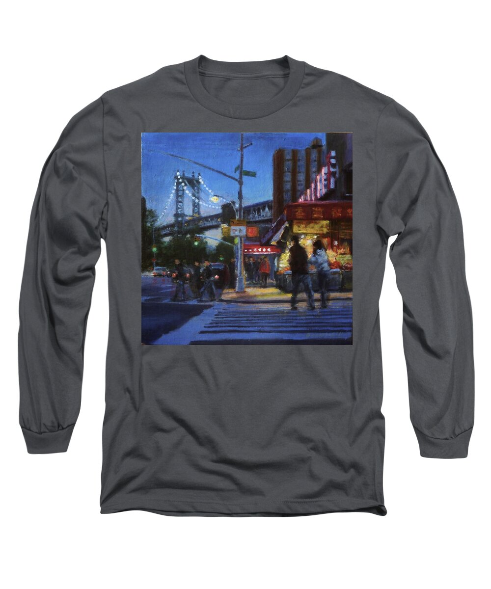 Chinatown Nocturne Long Sleeve T-Shirt featuring the painting Chinatown Nocturne by Peter Salwen