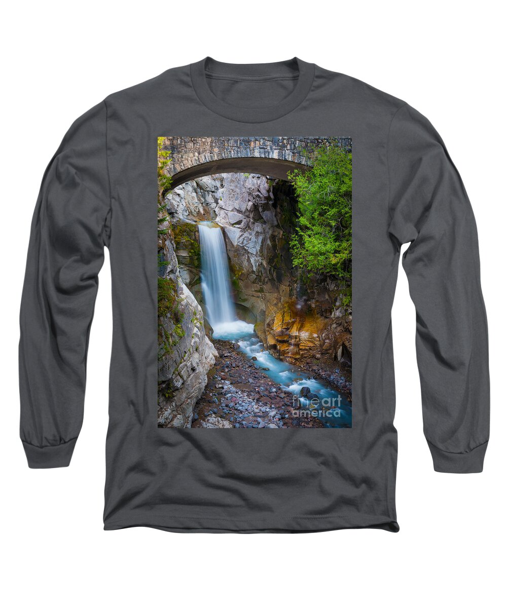 America Long Sleeve T-Shirt featuring the photograph Christine Falls and Bridge by Inge Johnsson