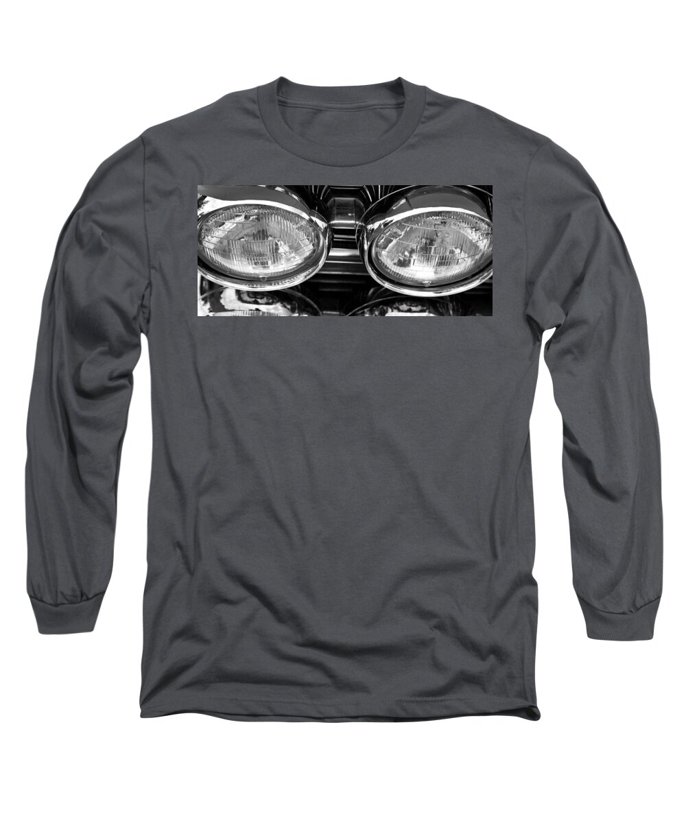 Custom Car Show Shine Classic Ford Blue Granum Alberta Canada Chrome Bumper Fender Detail American Automobile Antique Auto Black And White Headlamps Long Sleeve T-Shirt featuring the photograph Classic car grill and lights by Mick Flynn