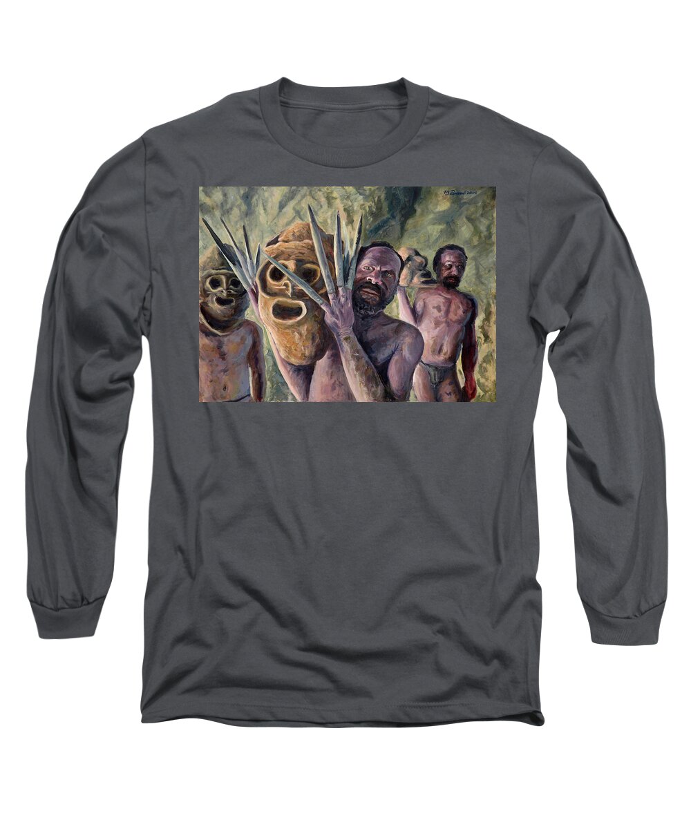 Fear Spirit Aboriginal Mask Rite Cave Primitive Superstition God Man Religion Tribe Long Sleeve T-Shirt featuring the painting Clay masks by Marco Busoni