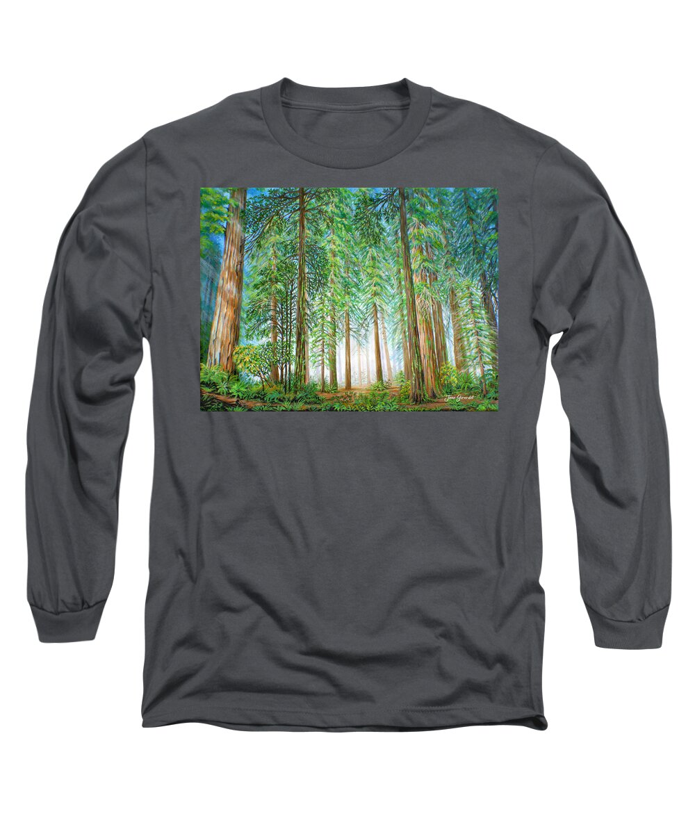 Trees Long Sleeve T-Shirt featuring the painting Coastal Redwoods by Jane Girardot