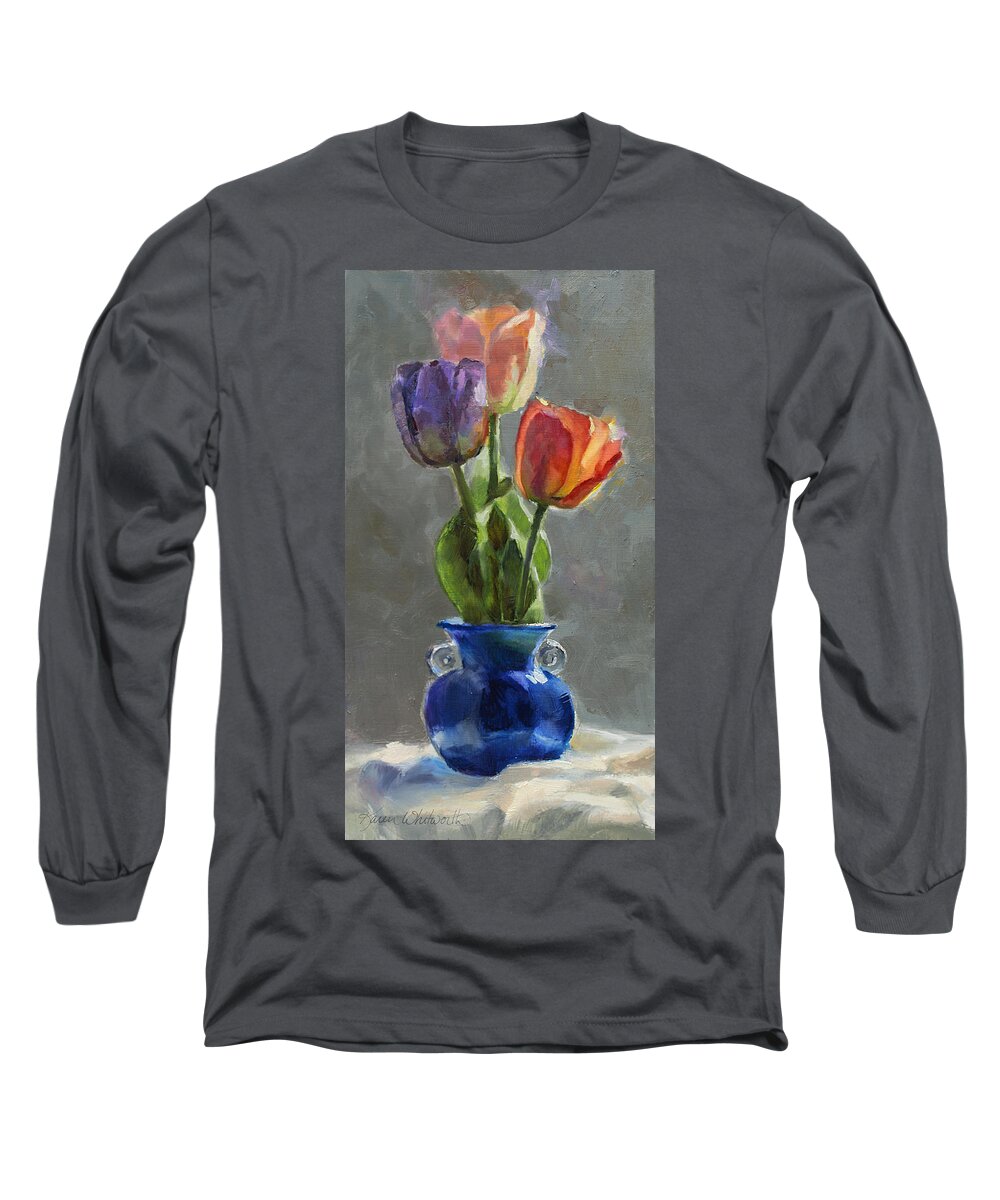 Cobalt Blue Glass Vase Long Sleeve T-Shirt featuring the painting Cobalt and Tulips Still Life Painting by K Whitworth