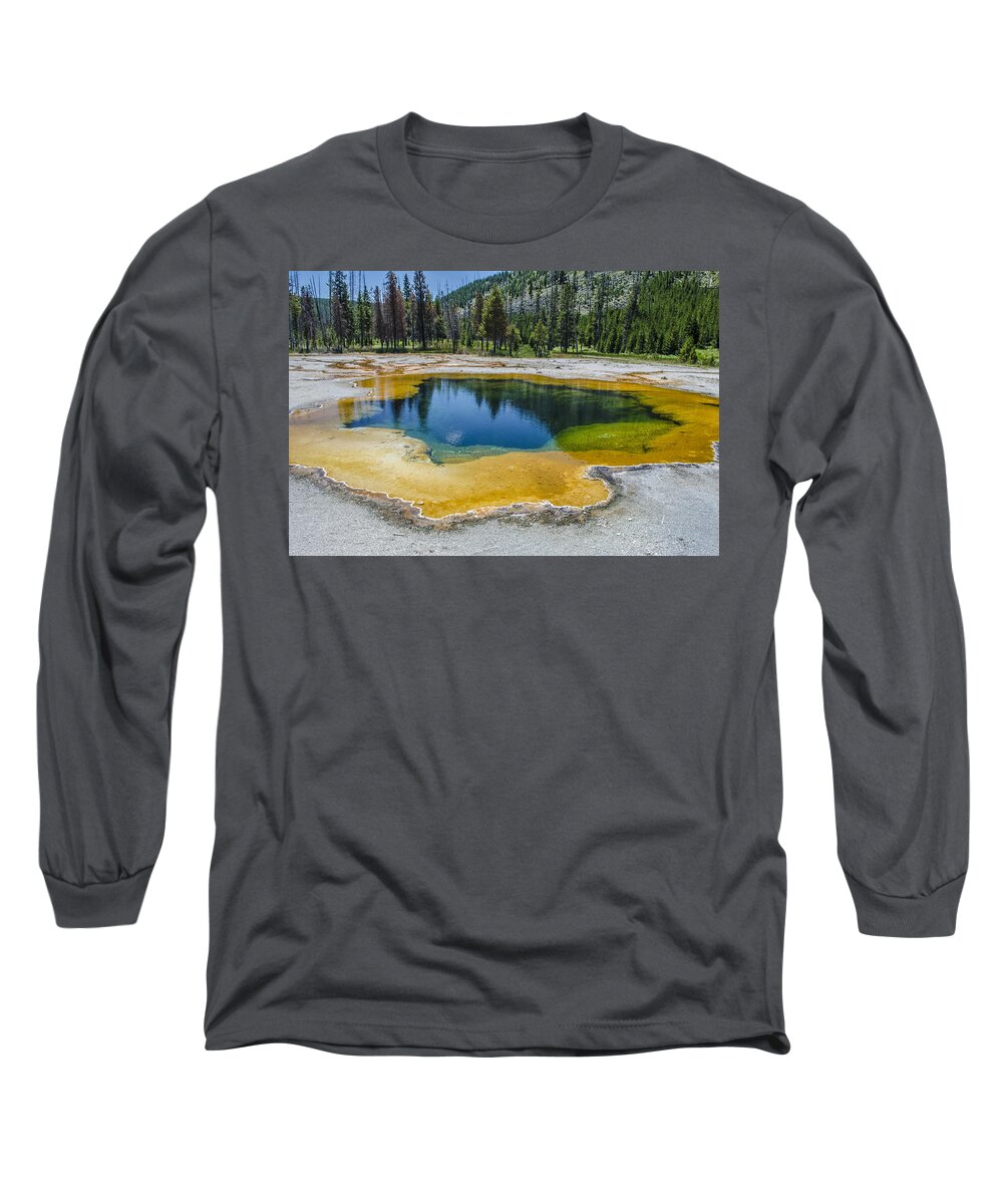 This Was My First Trip To Yellowstone With The Family In The Summer Of 2013 And It Was One Of The Most Magical Trips I've Ever Taken. I Was In Awe Of The Majesty Of Nature And The Amazing Colors Everywhere You Looked. This Reminded Me Of Something Out Of A Fantasy Children's Movie. So Beautiful. Long Sleeve T-Shirt featuring the photograph Colors of Yellowstone by Spencer Hughes